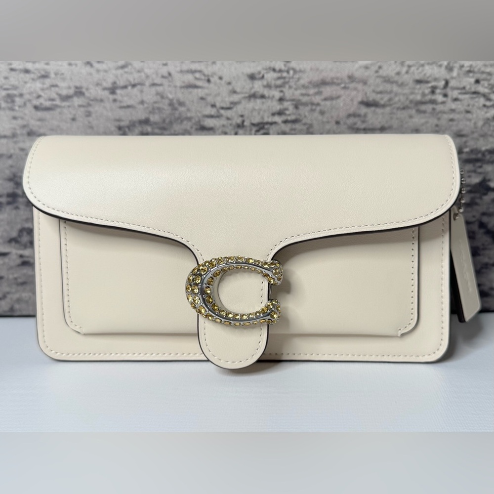 NWT Coach Refined Calf Leather Crystal Tabby Chain Clutch Chalk CX245